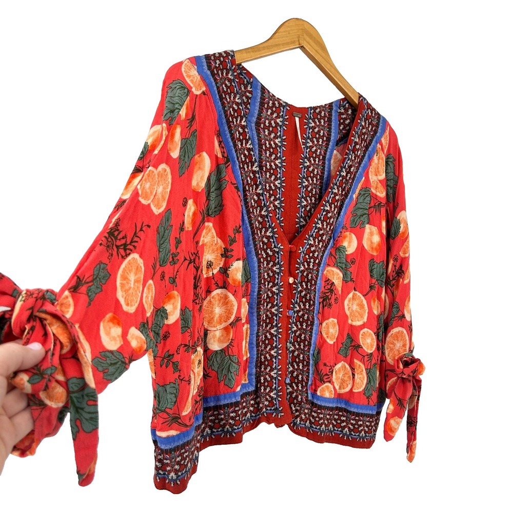 Free People Boho Fruit Cardigan Women M Unique Statement Artsy Citrus Button Bow
